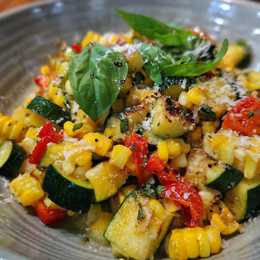 Close-up of a spoon serving the colorful sauté, showing the fresh herbs and glistening vegetables