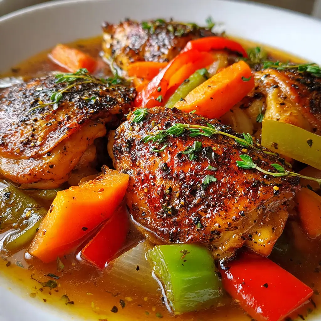 Close-up of a tender chicken thigh coated in rich, creamy sauce with herbs and Parmesan
