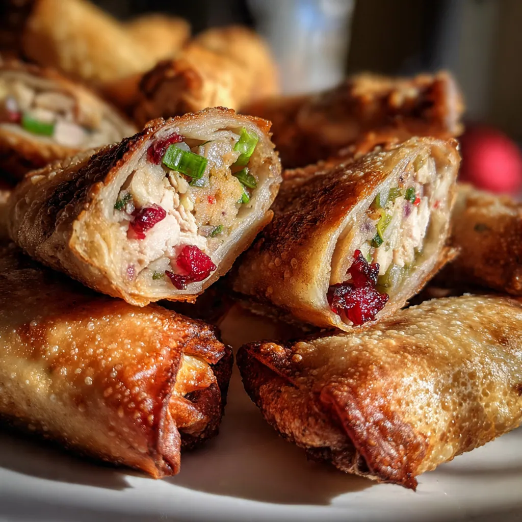 Close-up of a broken egg roll revealing the savory turkey, stuffing, and cranberry filling