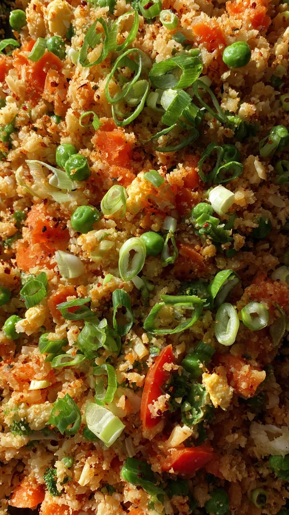 Close-up of a spoonful of the fried rice showing the fluffy riced cauliflower and colorful vegetables