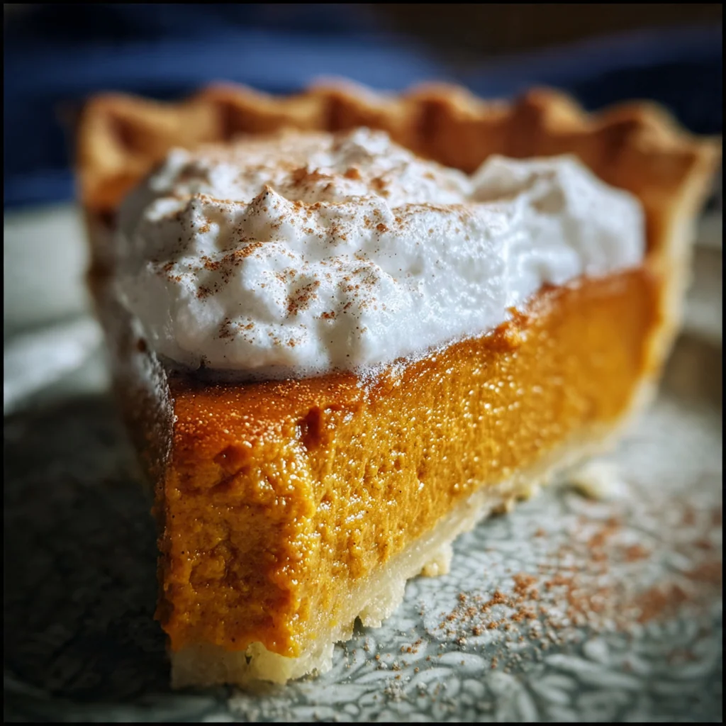 A perfect slice of pumpkin pie on a white plate, topped with a fluffy dollop of whipped cream and a dusting of cinnamon.