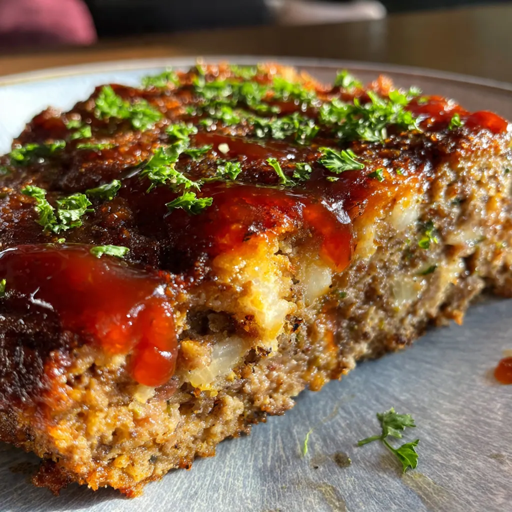 Close-up of the perfectly cooked meatloaf showing a moist, tender texture and a dark, glossy crust.