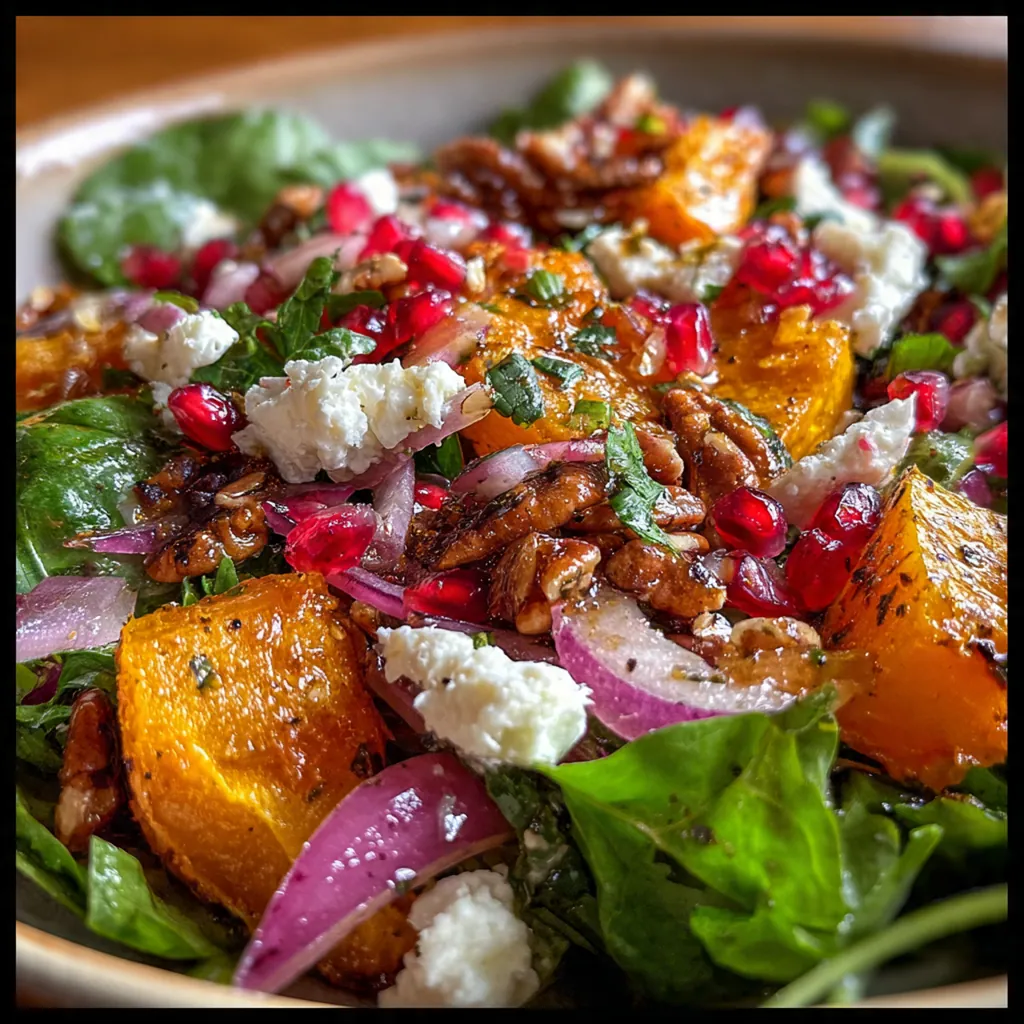 Close-up of glistening maple cider vinaigrette being drizzled over crisp mixed greens and ruby red pomegranate seeds