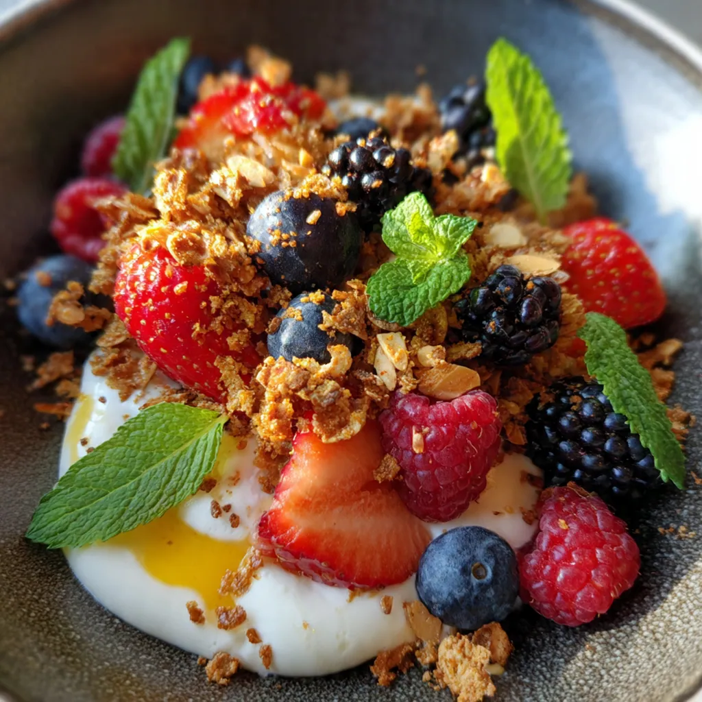 Overhead shot of a jar showing crunchy granola, creamy yogurt, and mixed fresh berries