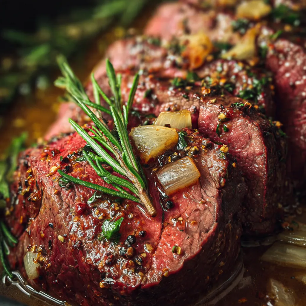 Close-up of a slice of juicy medium-rare beef tenderloin drizzled with glossy pan sauce