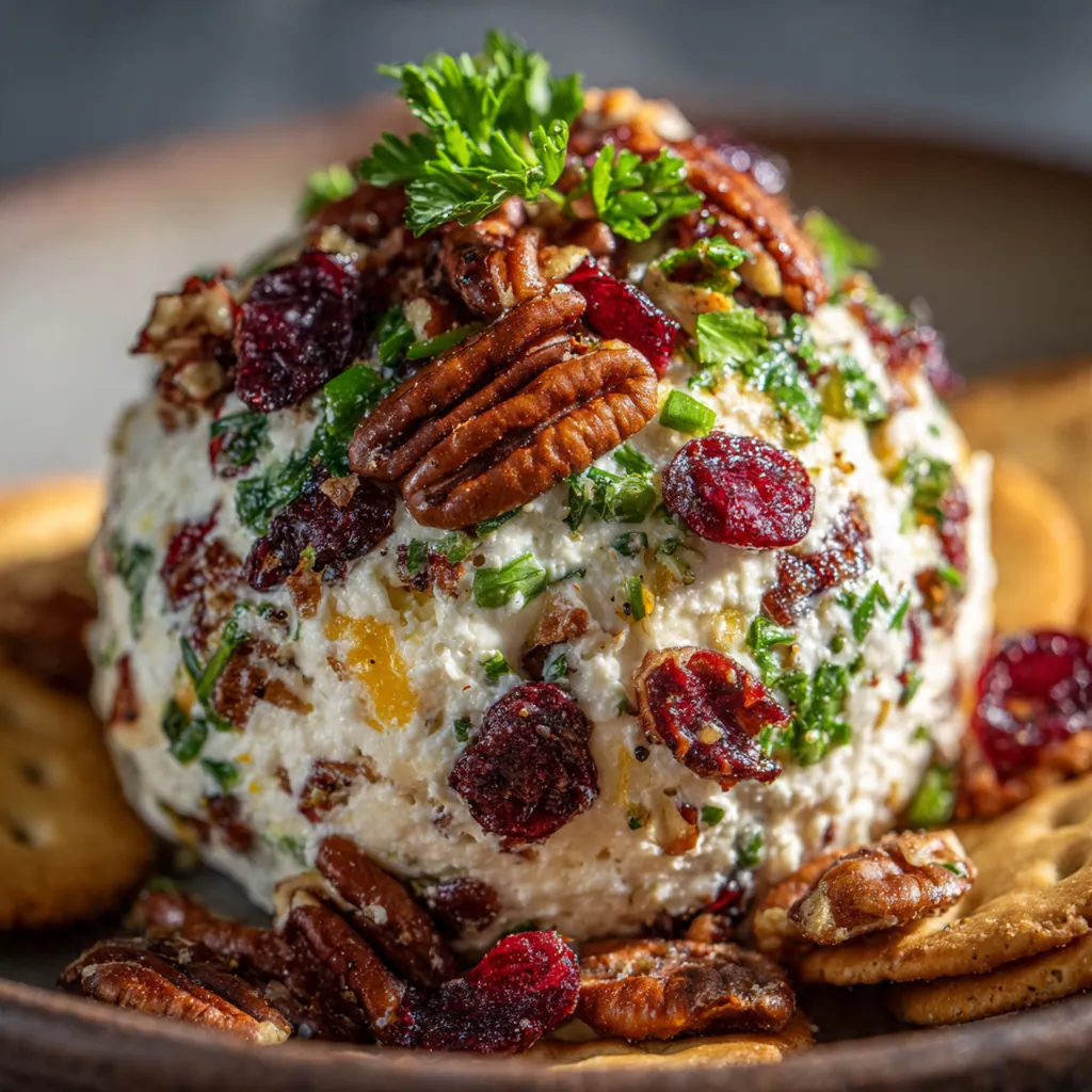 Holiday appetizer spread with a cheese ball, assorted crackers, apple slices, and fresh rosemary garnish