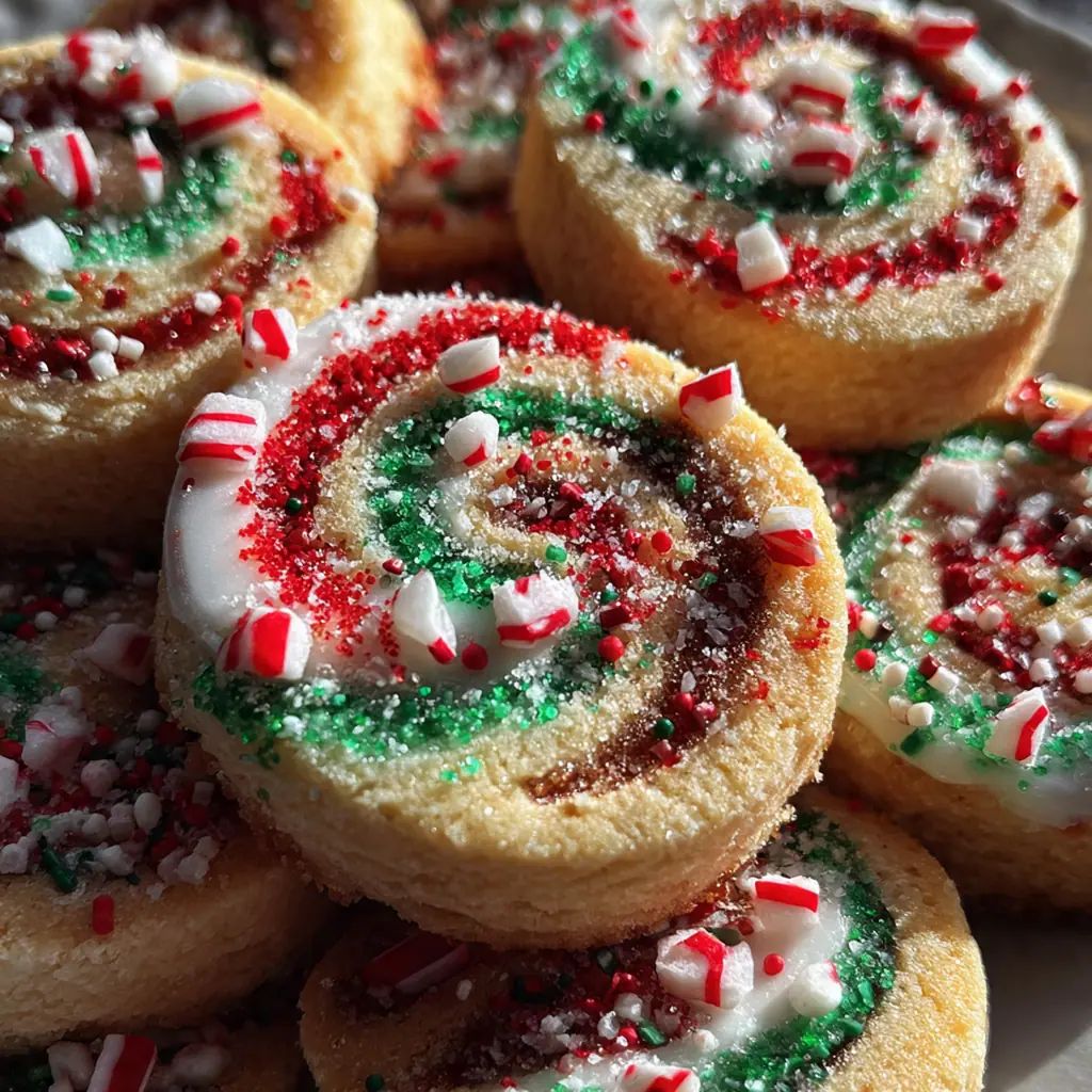 A holiday tray filled with baked buttery pinwheel cookies next to a glass of milk and sprig of holly