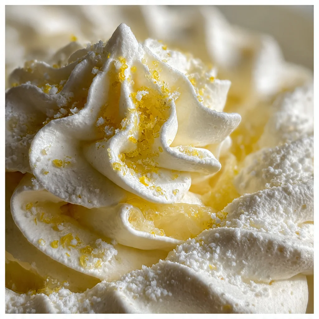 A close-up shot of a single pistachio and cardamom meringue kiss showing its crisp, ridged texture.