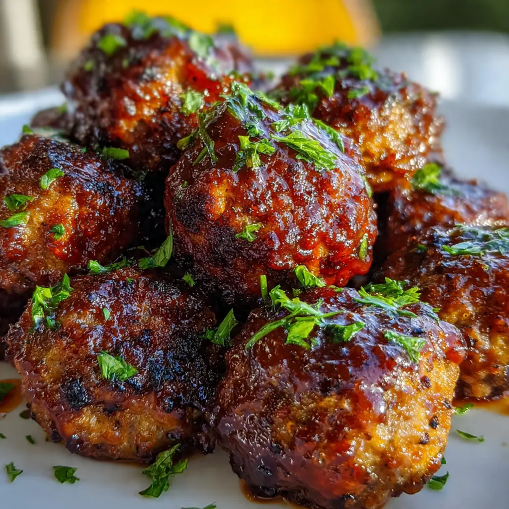 Close-up of a juicy meatball coated in rich, homemade barbecue sauce on a fork