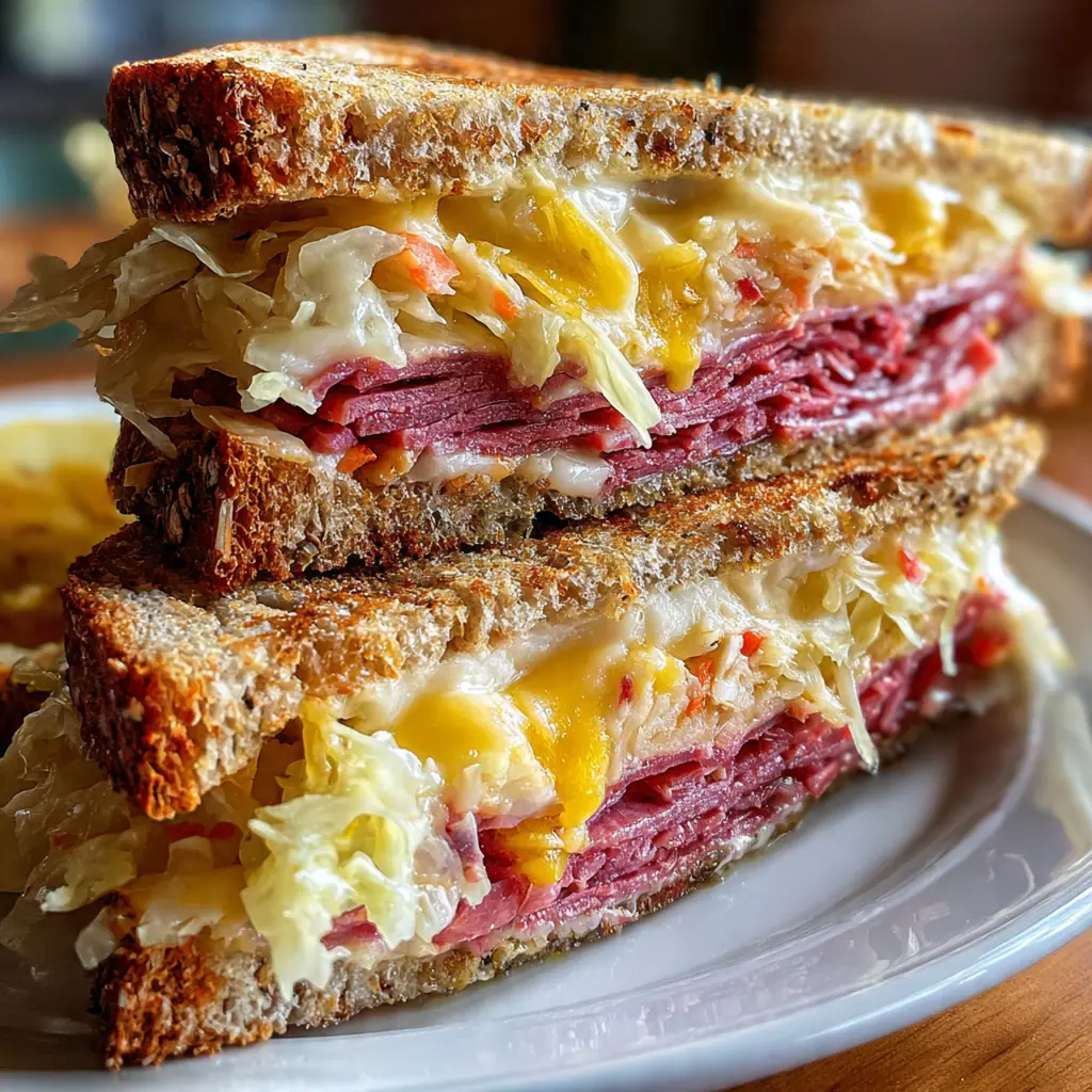 Close-up of a grilled Reuben sandwich with melted cheese oozing from the sides and crispy golden rye bread