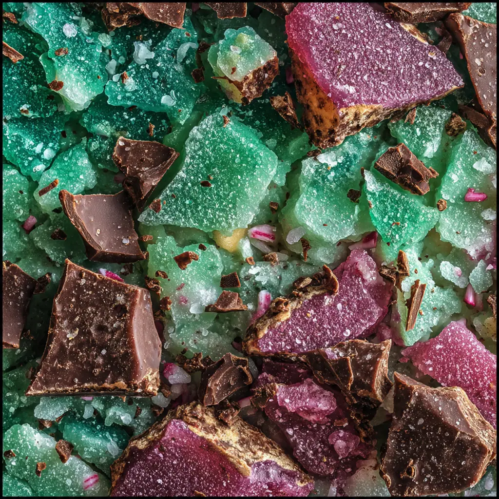 A close-up of irregular shards of minty brittle broken on a rustic wooden table