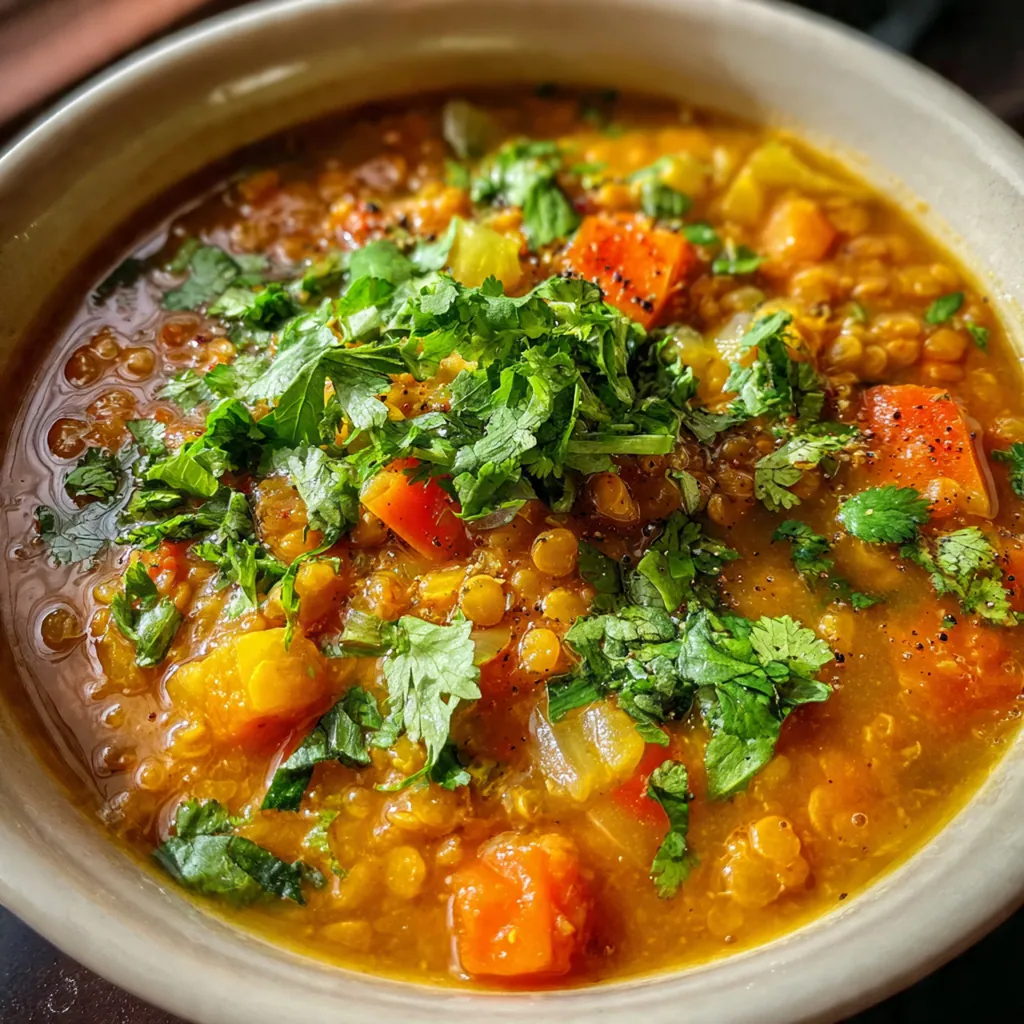 Close-up of a spoon dipping into the richly spiced, smooth red lentil dal