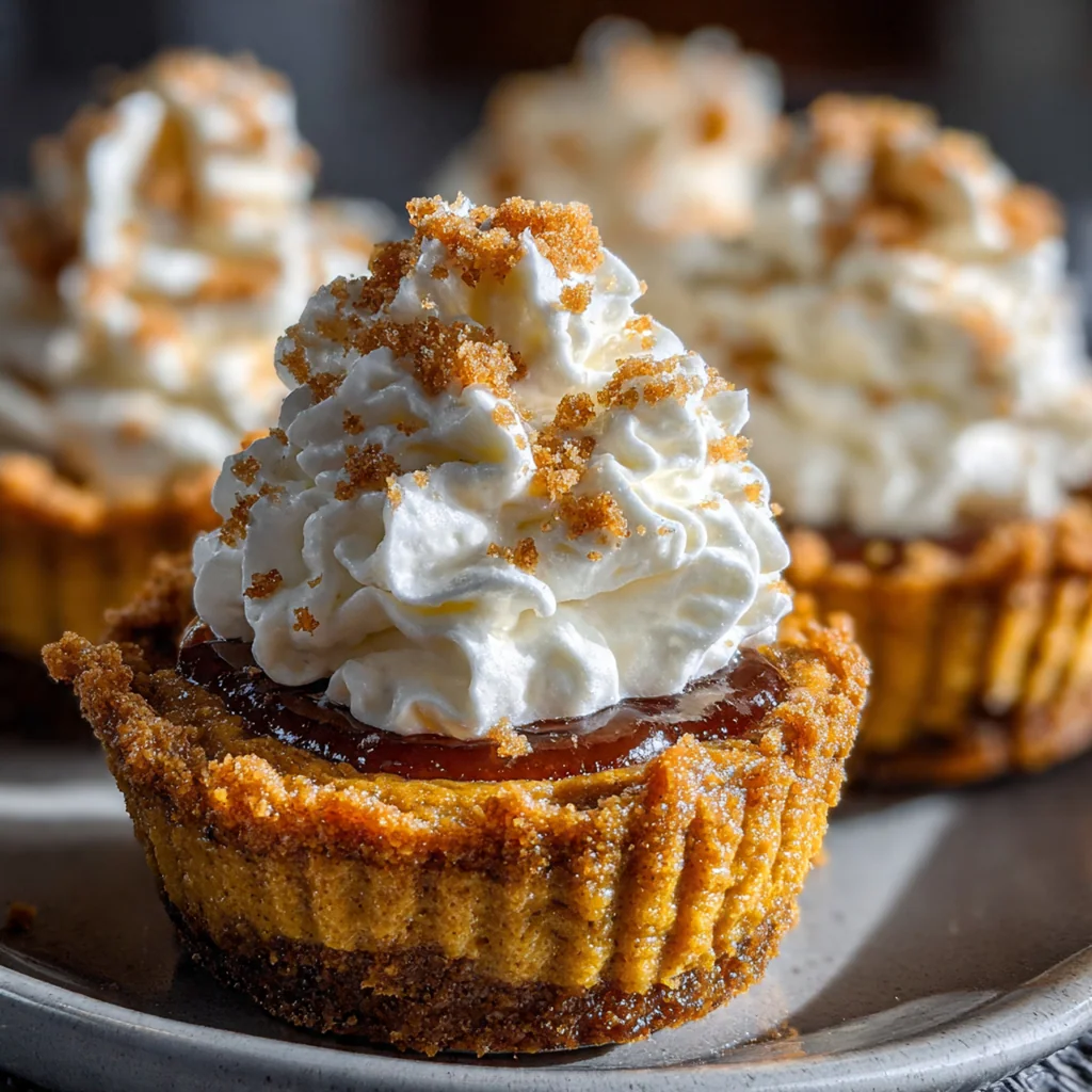 Close-up of a single pumpkin pie cup on a rustic plate, drizzled with caramel sauce and a sprinkle of cinnamon.