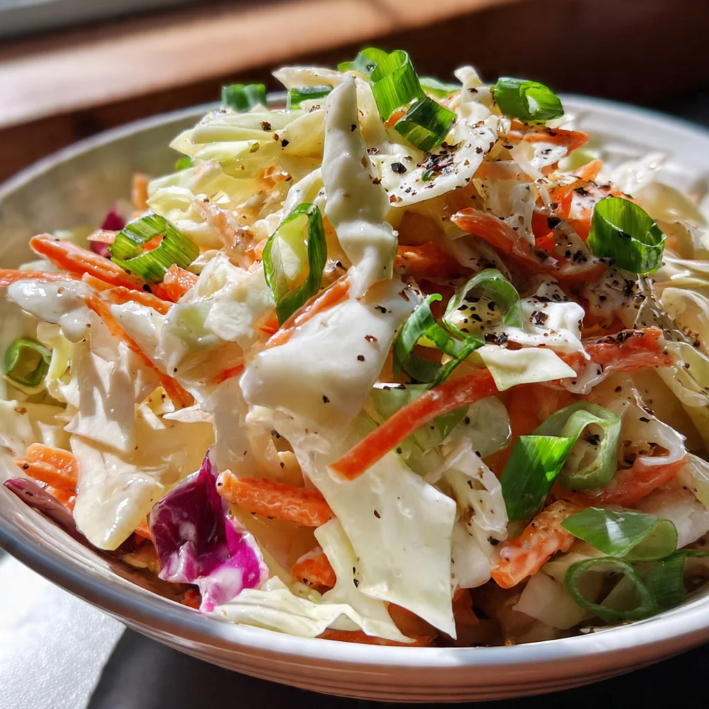 Close-up of tangy coleslaw dressing coating fresh vegetables with parsley garnish
