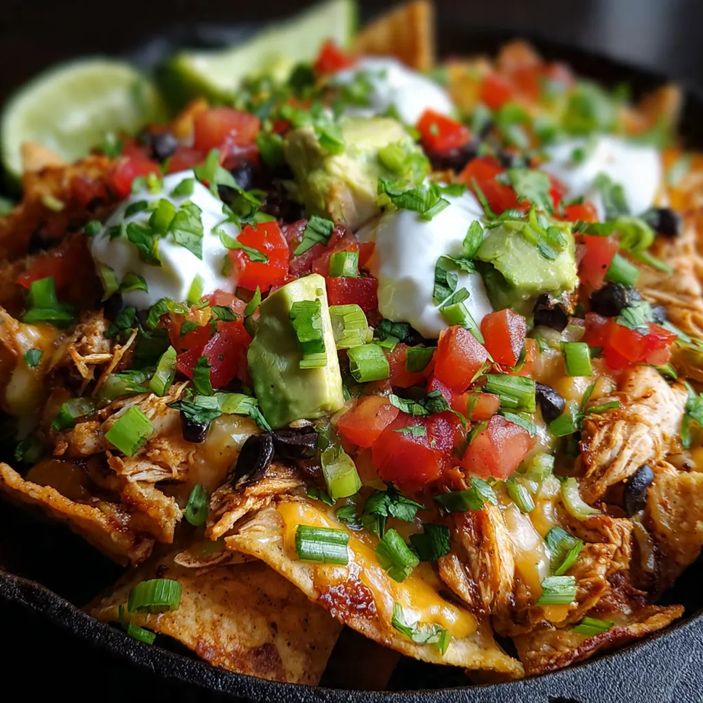 Overhead shot of chicken nachos served on the baking sheet with lime wedges and bowls of sour cream and guacamole on the side