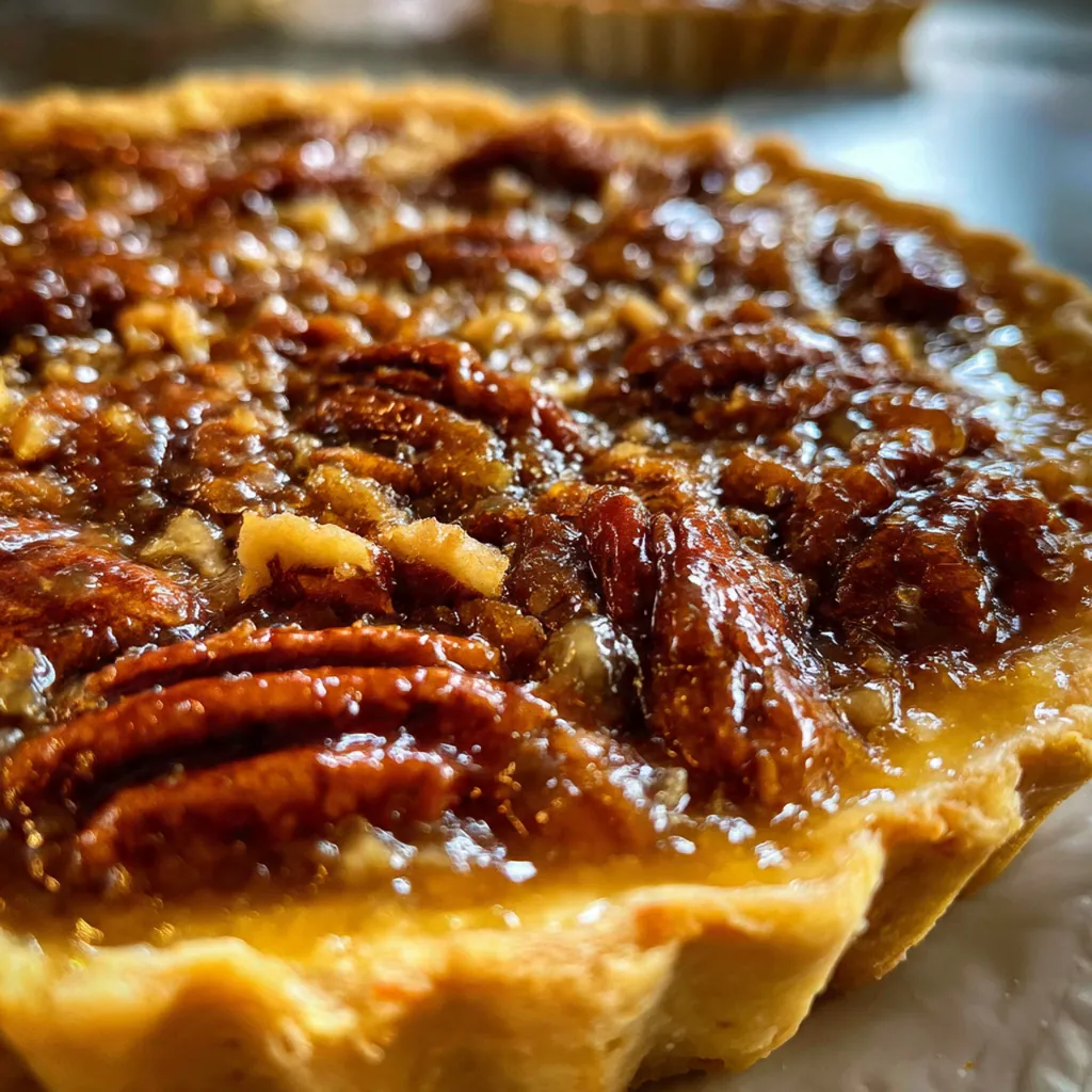 Close-up of a slice of pecan pie showing sticky filling and toasted pecans on a fork
