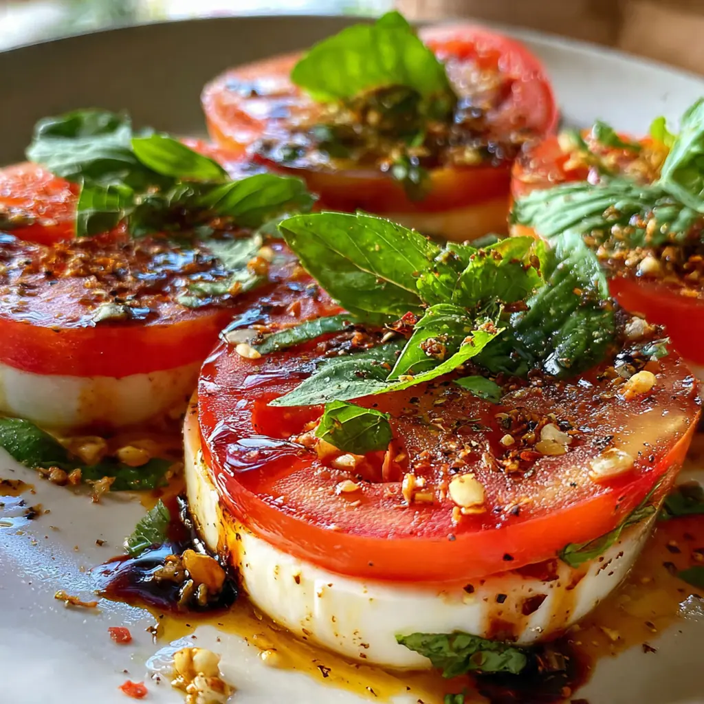 Close-up of a single skewer with a glossy cherry tomato, fresh basil, and creamy mozzarella ball