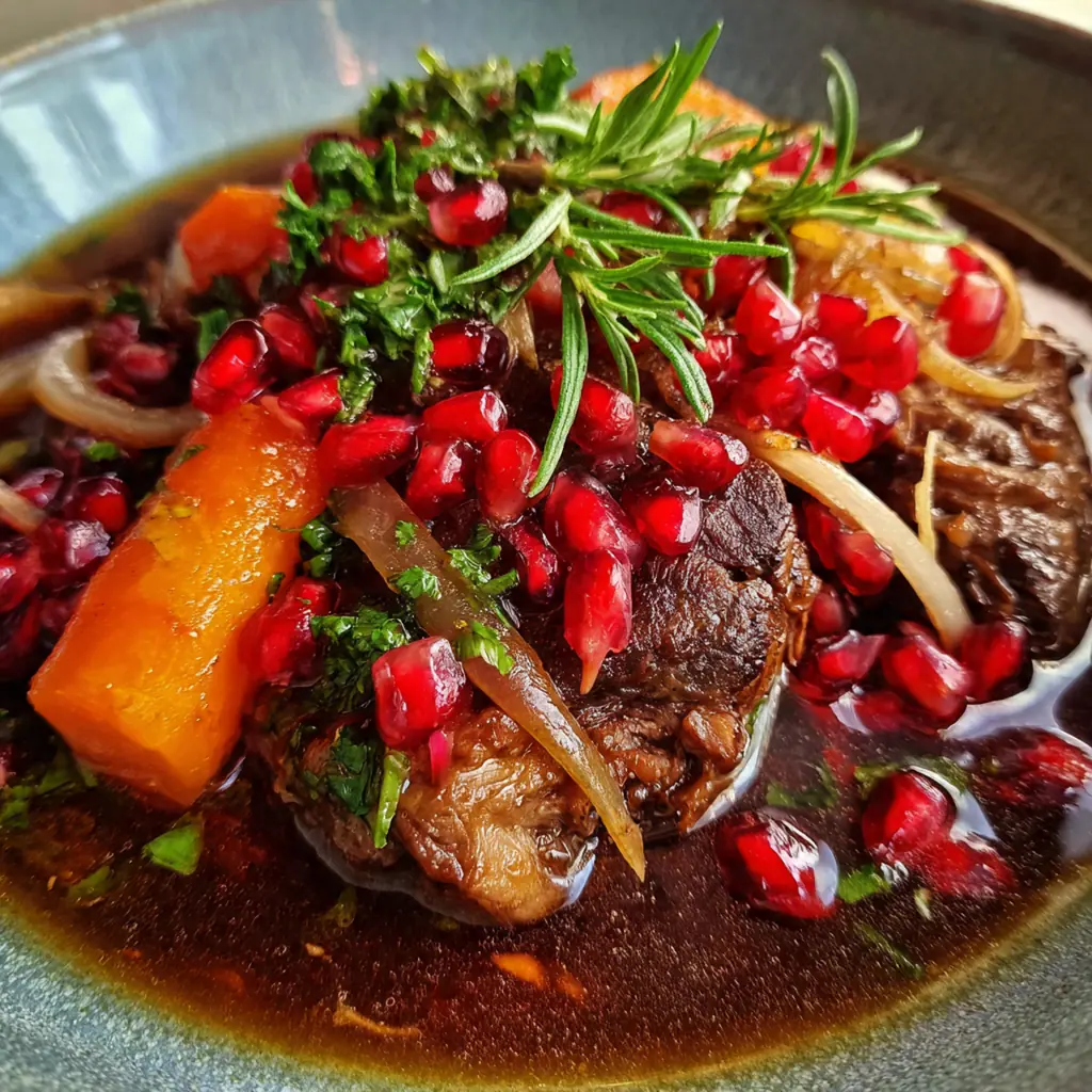Overhead shot of cooking ingredients for lamb braised in pomegranate including ground walnuts, pomegranate molasses, and spices next to a Dutch oven
