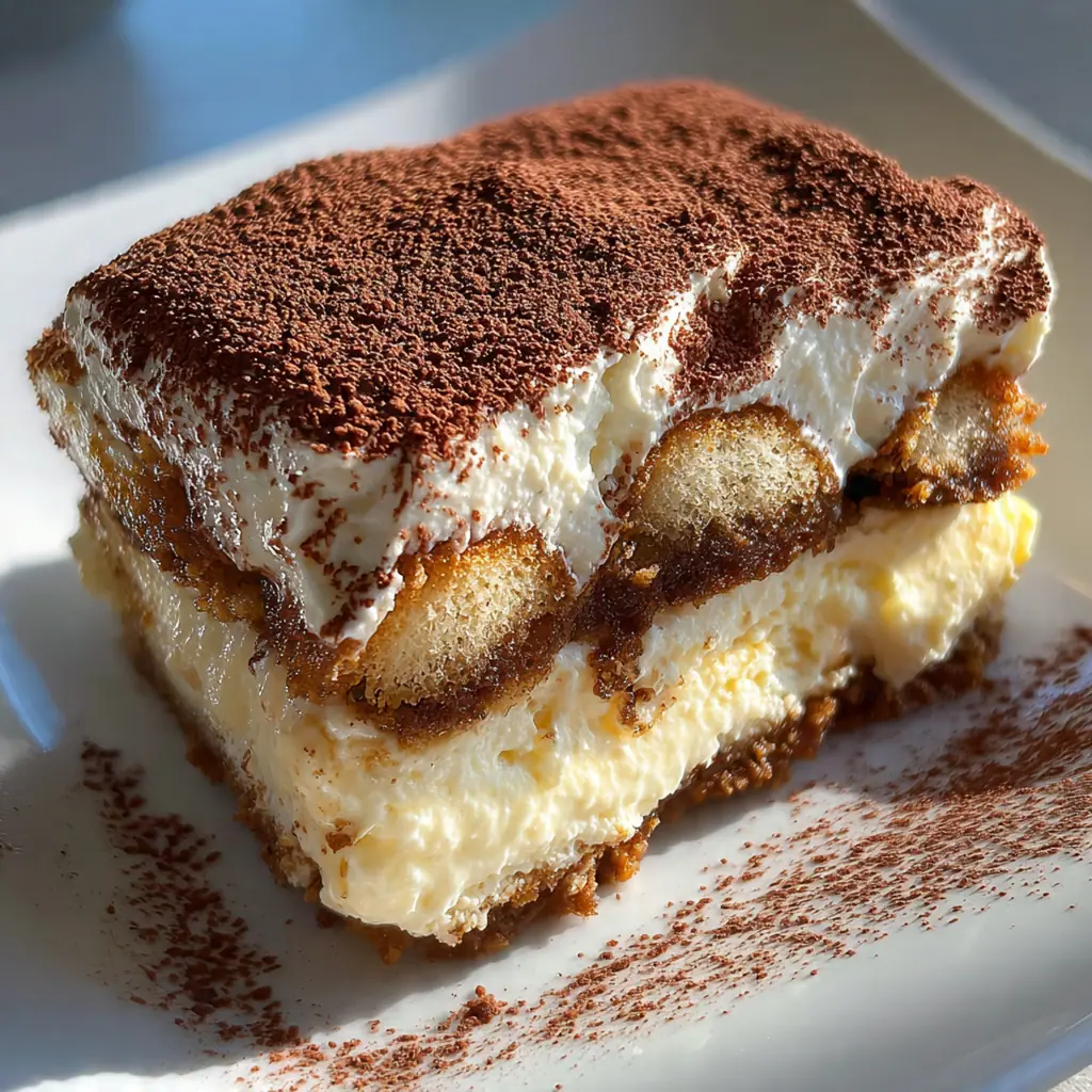 Close-up slice of tiramisu showing perfect layers of coffee-soaked ladyfingers and creamy mascarpone