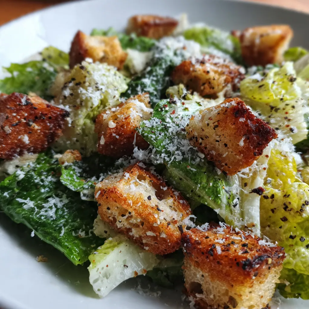 Close-up of homemade croutons and crisp romaine lettuce coated in creamy, speckled dressing