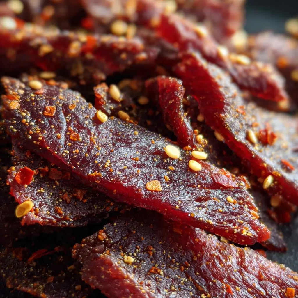 Marinating beef strips in a glass bowl with a savory dark sauce and spices