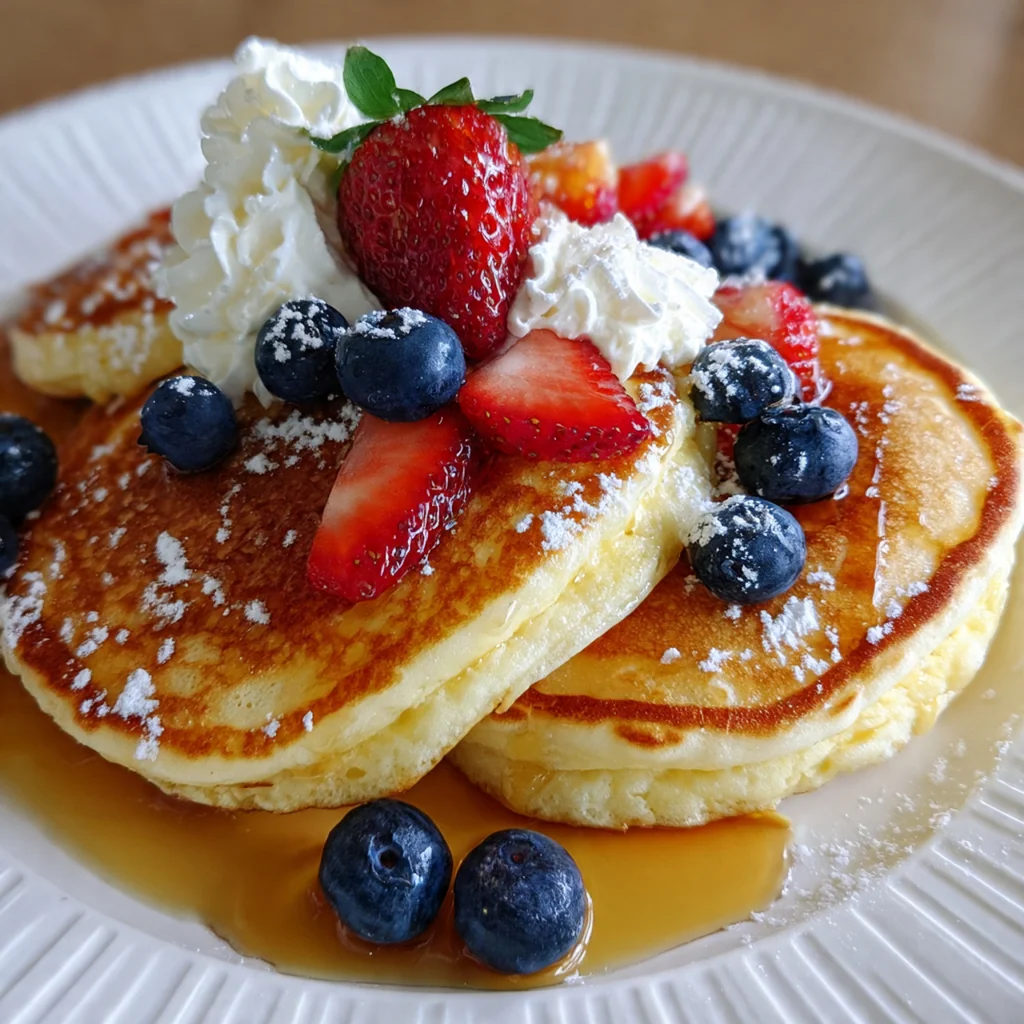 Pancakes served on a plate with fresh blueberries and a side of bacon