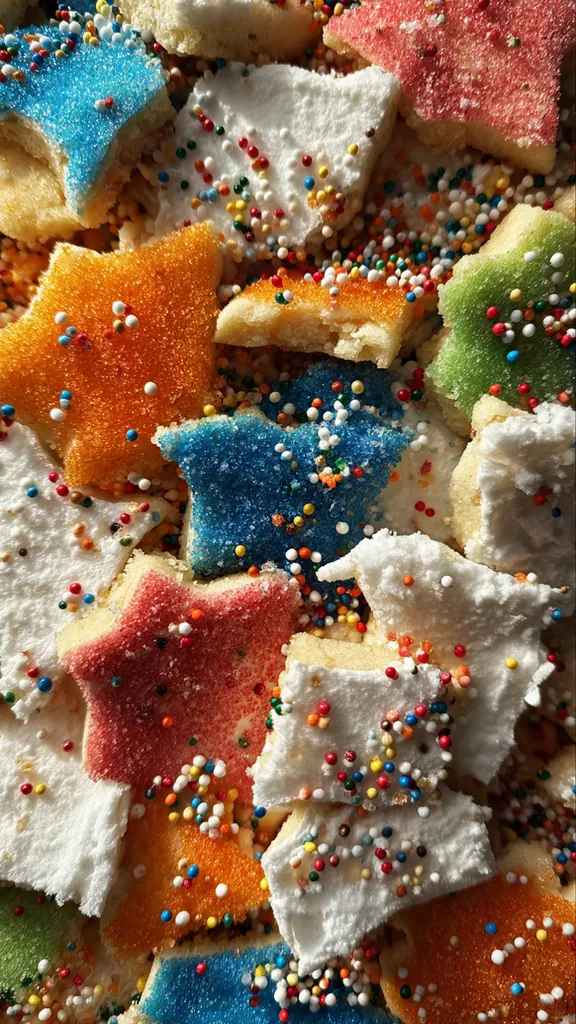 Close-up of a beautifully decorated shortbread cookie with white chocolate drizzle and red sprinkles