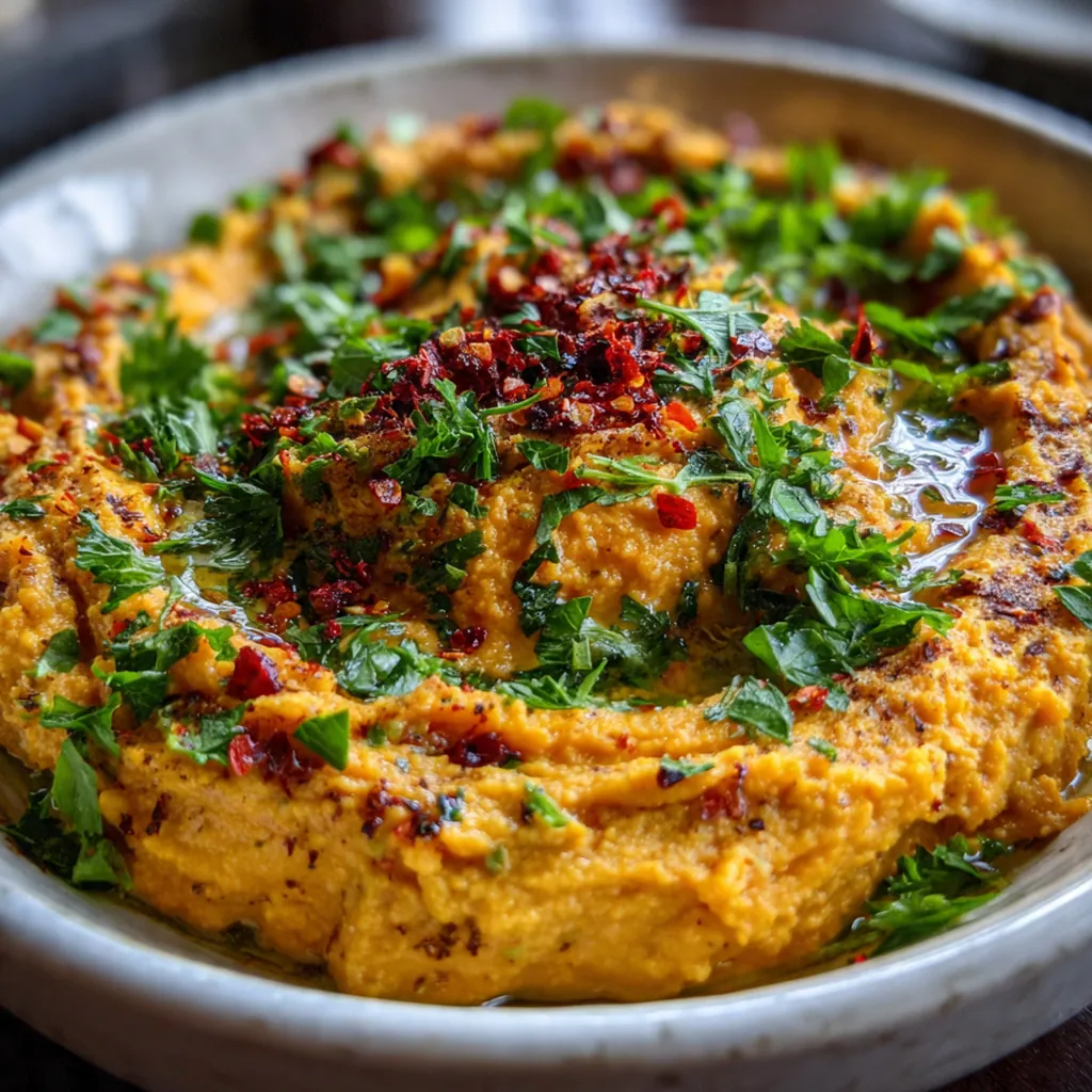 Close-up of a pita chip scooping into the smooth roasted sweet potato dip, showing its perfect thick consistency