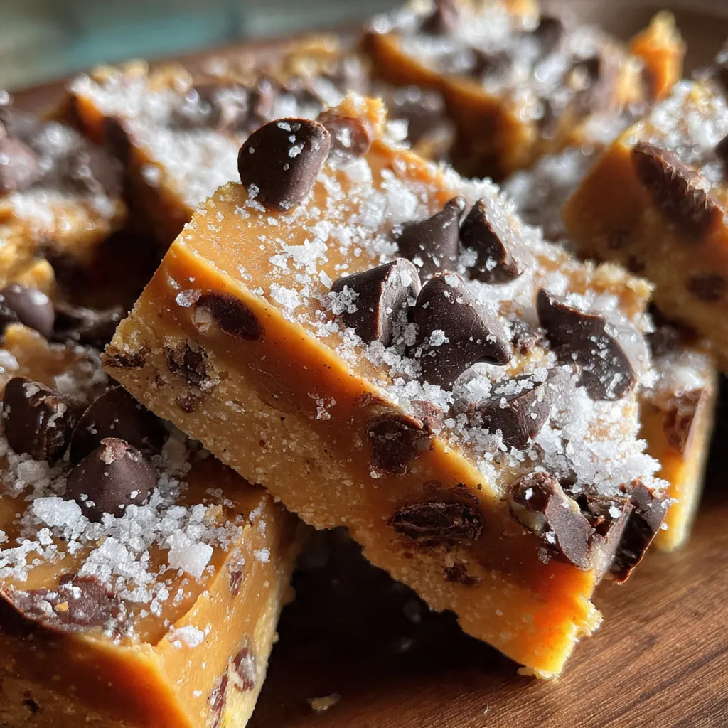 A close-up of a single square of smooth peanut butter fudge, showing its rich, melt-in-your-mouth texture.