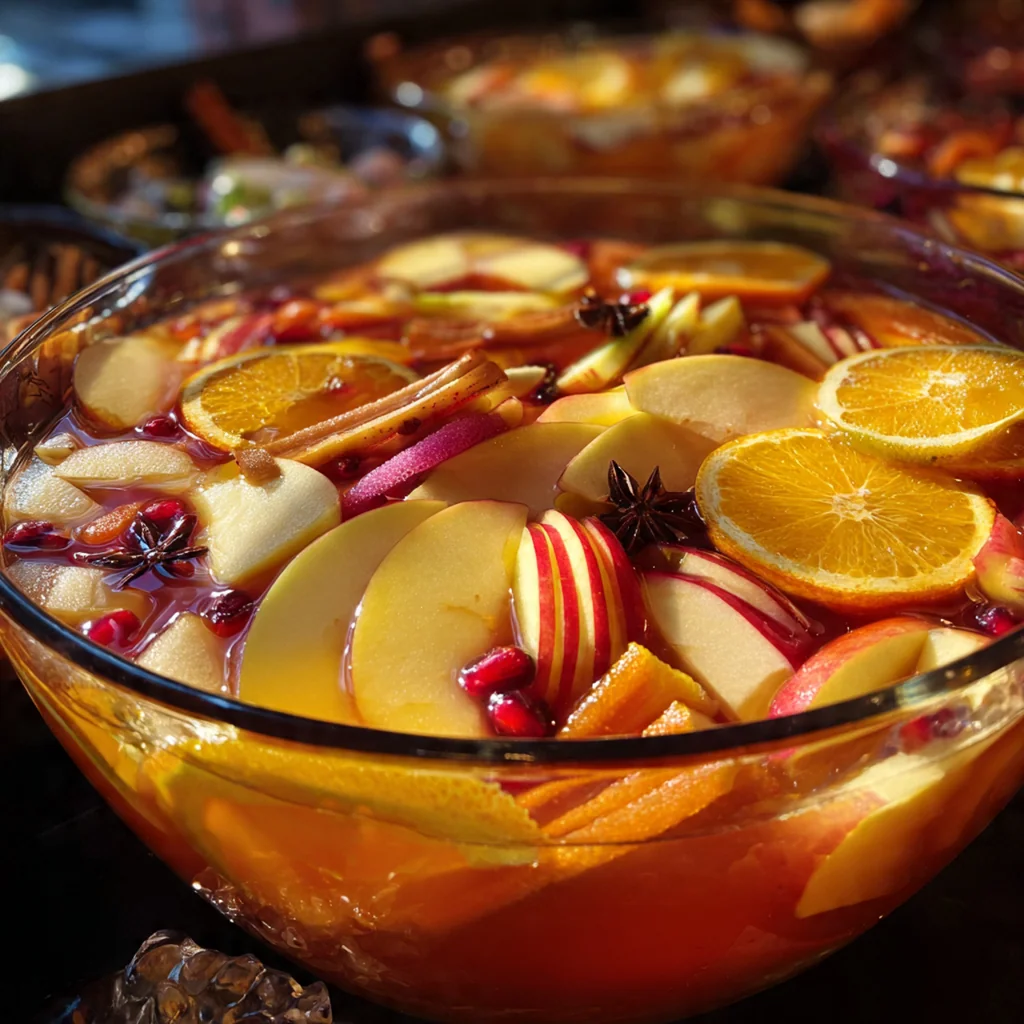 A close-up of a ladle scooping the deep red Halloween punch, showing the floating 'eyeballs' and a whole cinnamon stick.