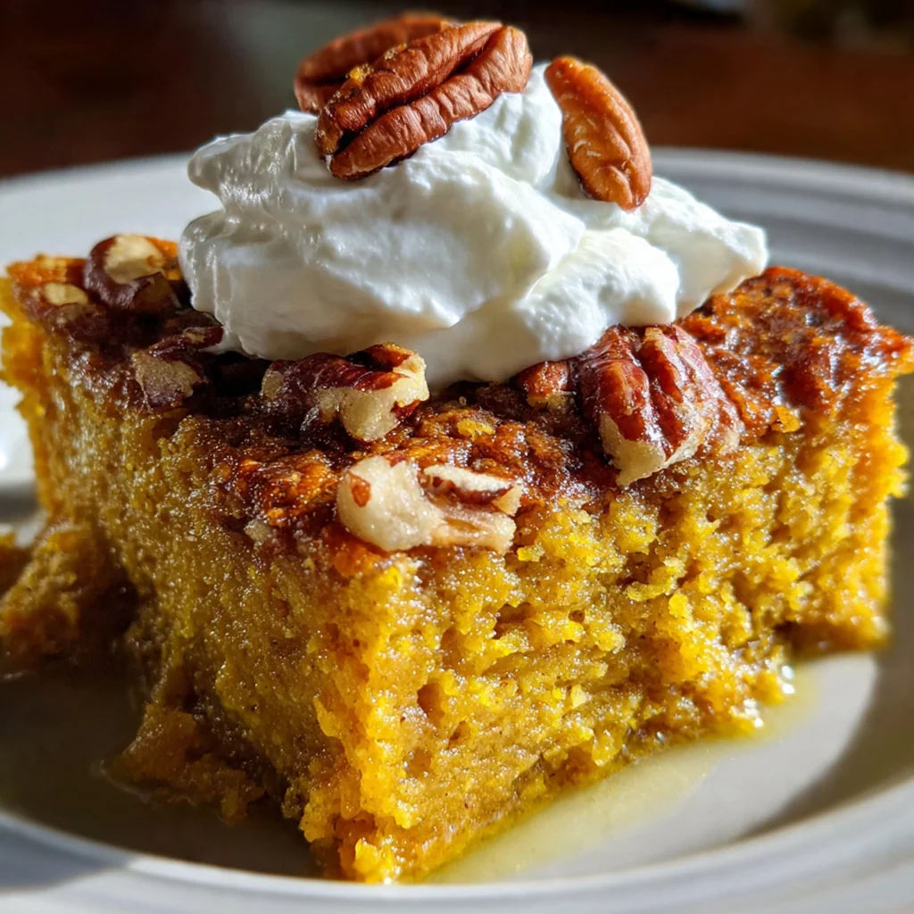Close-up of a single slice showing the creamy pumpkin layer and crispy cake mix crust