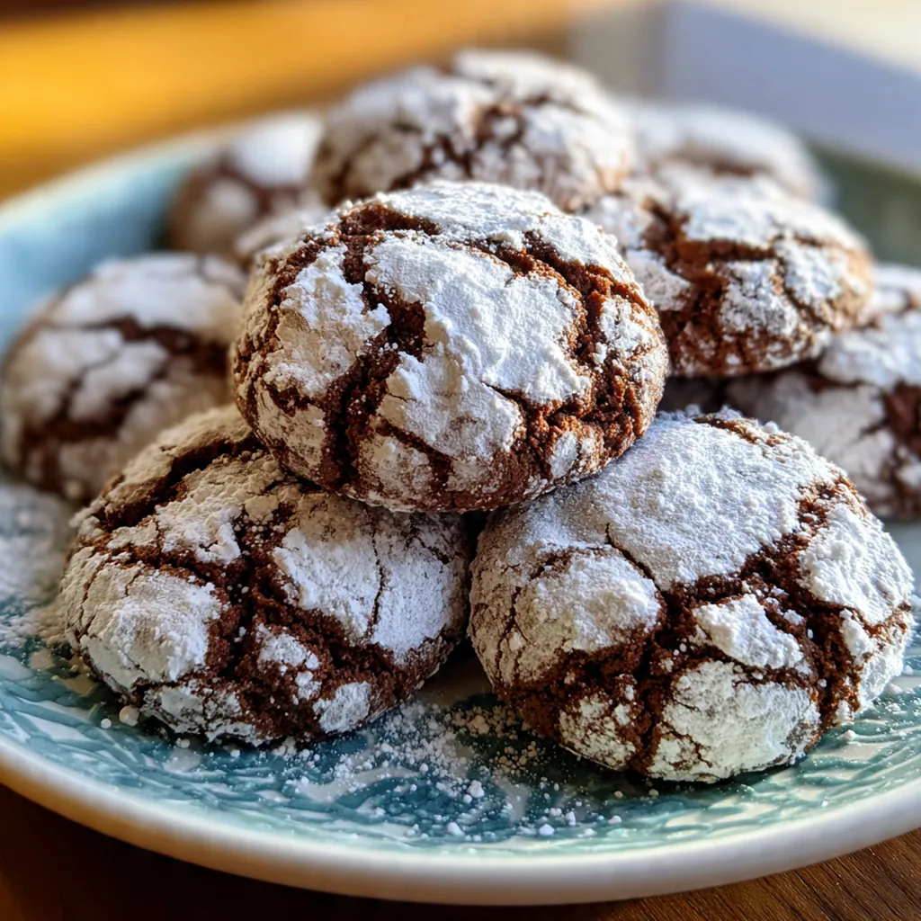 A close-up shot of a single chocolate crinkle cookie showing its soft, brownie-like texture.