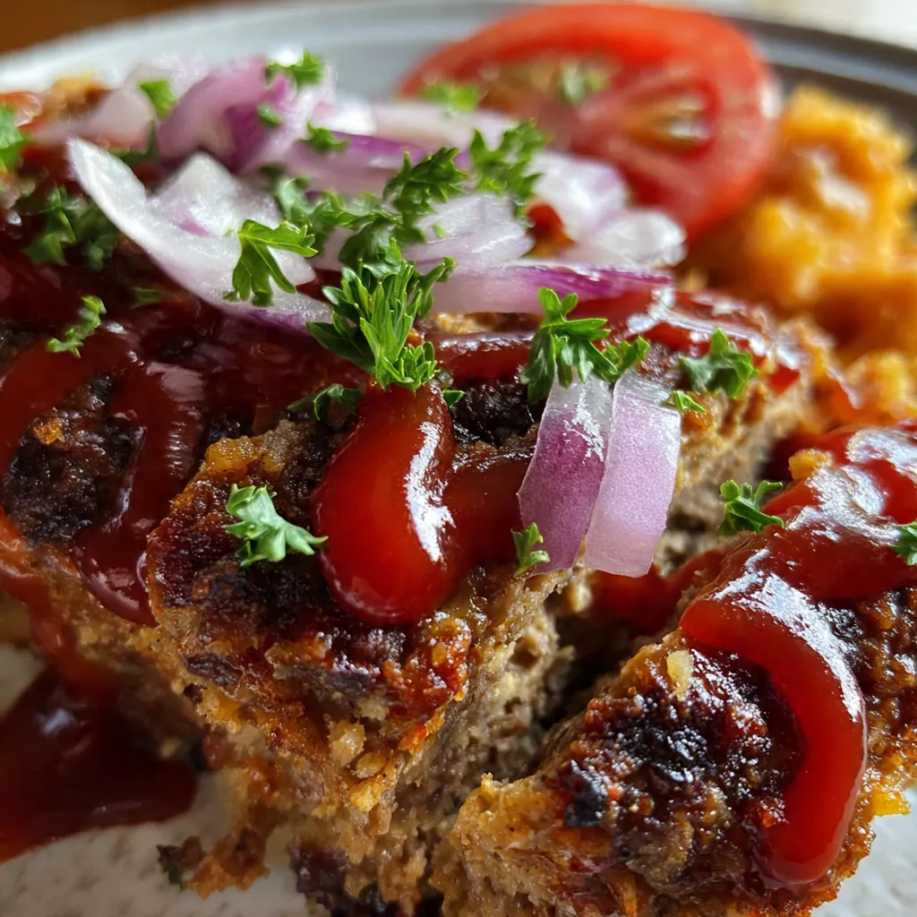 A complete dinner plate with two thick slices of meatloaf, creamy mashed potatoes, and green beans.
