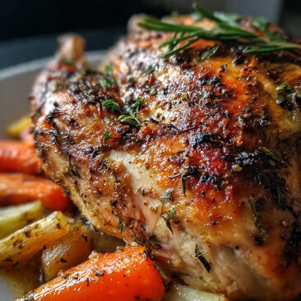 Close-up of crispy turkey skin glistening with herb butter and cracked black pepper