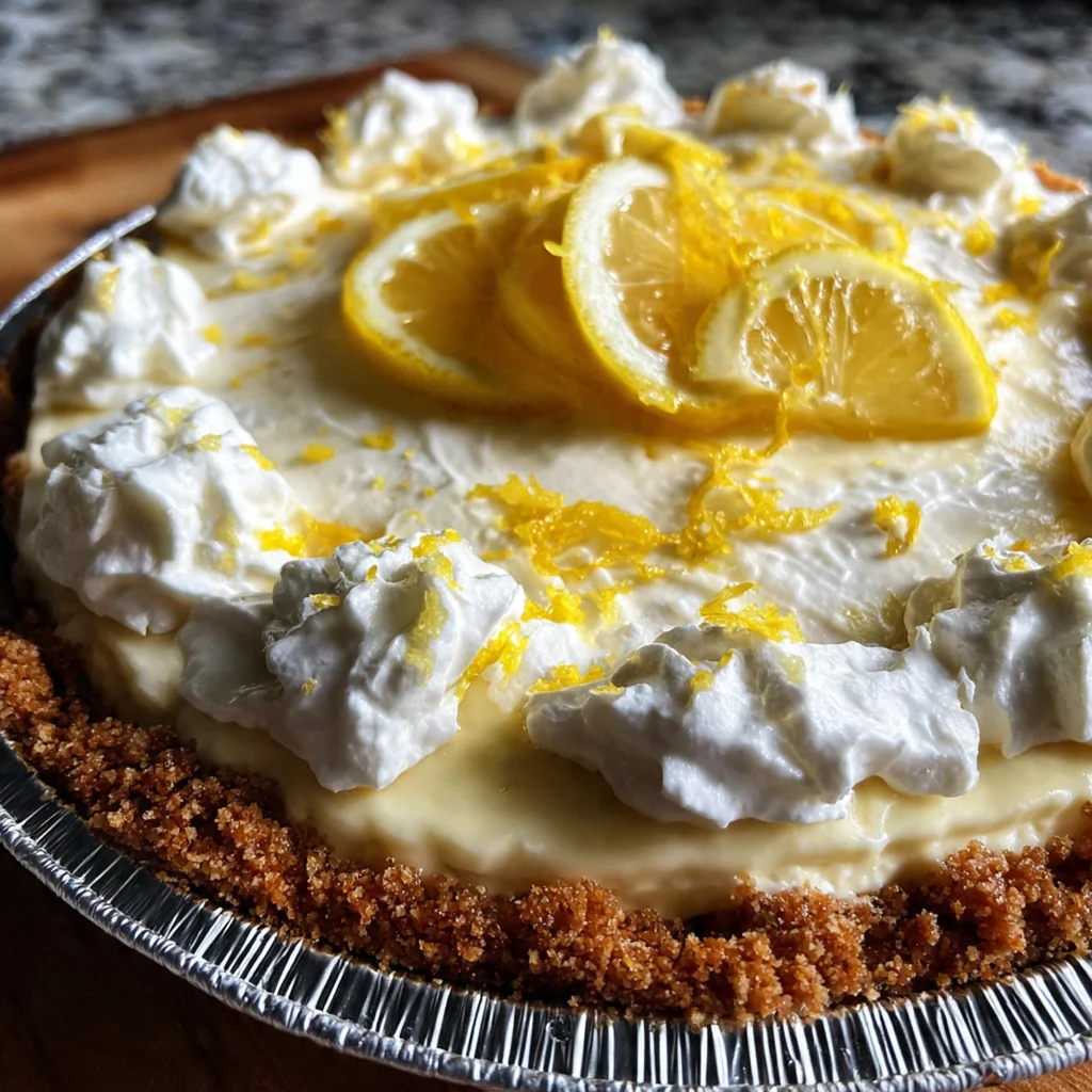 A whole lemon icebox pie with a golden graham cracker crust and creamy yellow filling, garnished with lemon slices.