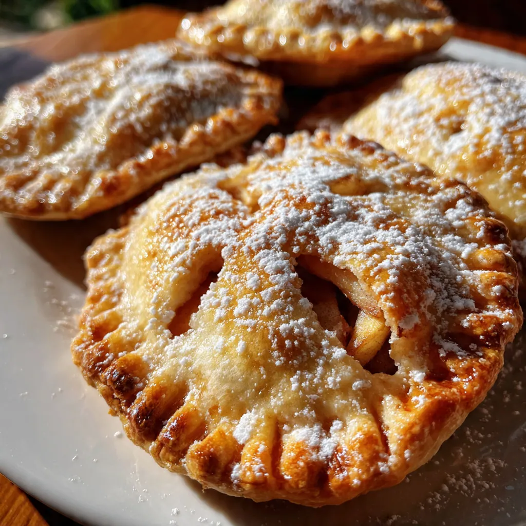 Golden brown air fryer apple pies with flaky crusts and a sprinkle of sugar on a rustic wooden board