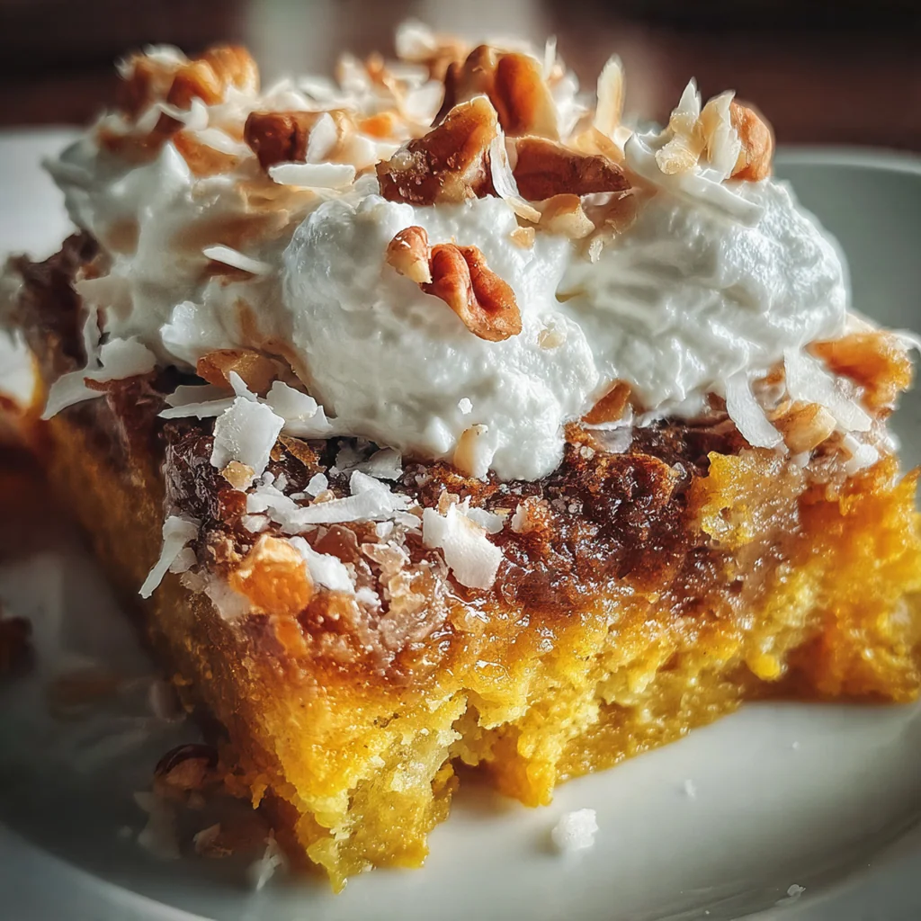 A whole pumpkin dump cake fresh from the oven with a golden, crunchy topping and toasted pecans