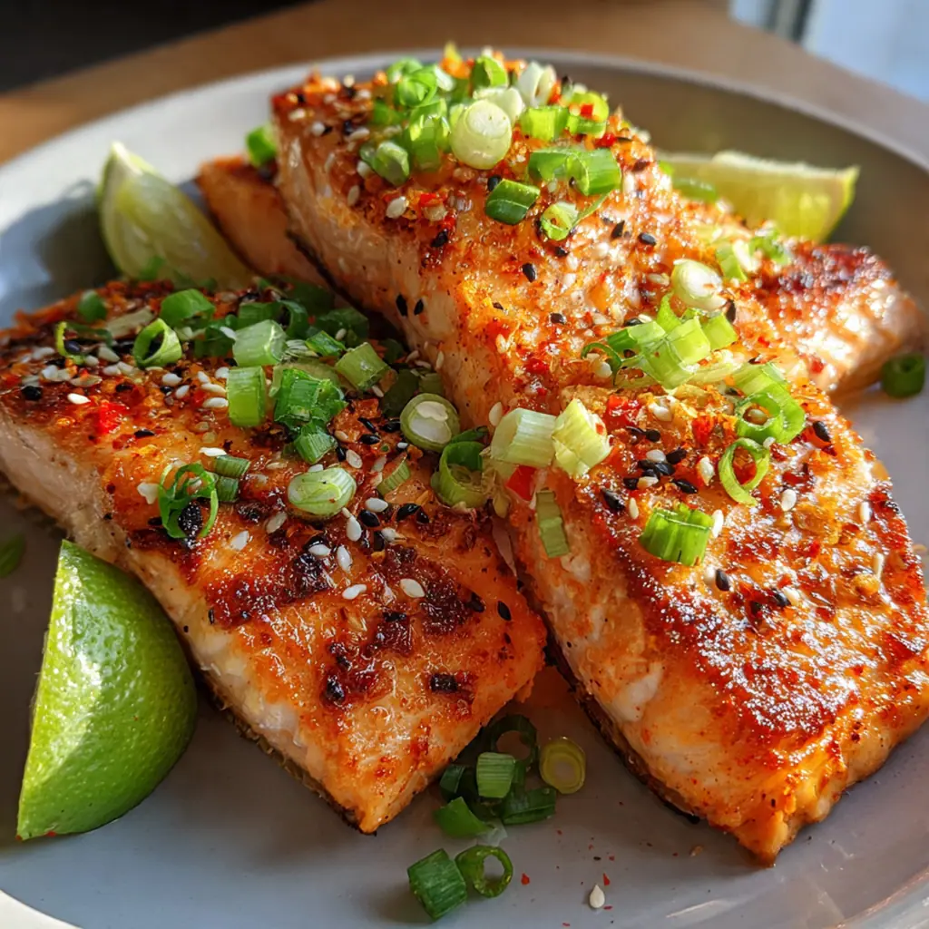 Close-up of crispy air fryer salmon fillets generously coated in creamy orange bang bang sauce