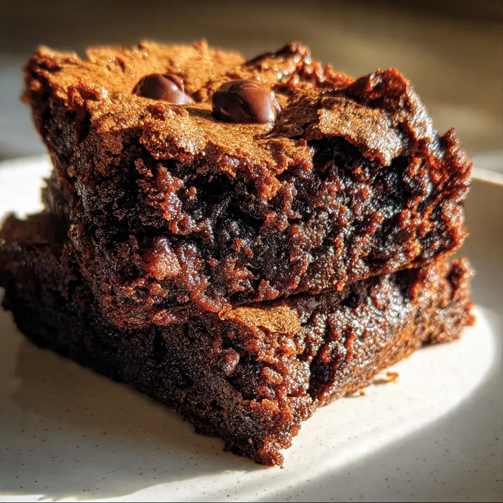A slab of classic fudgy brownies with a shiny crackly top cut into neat squares