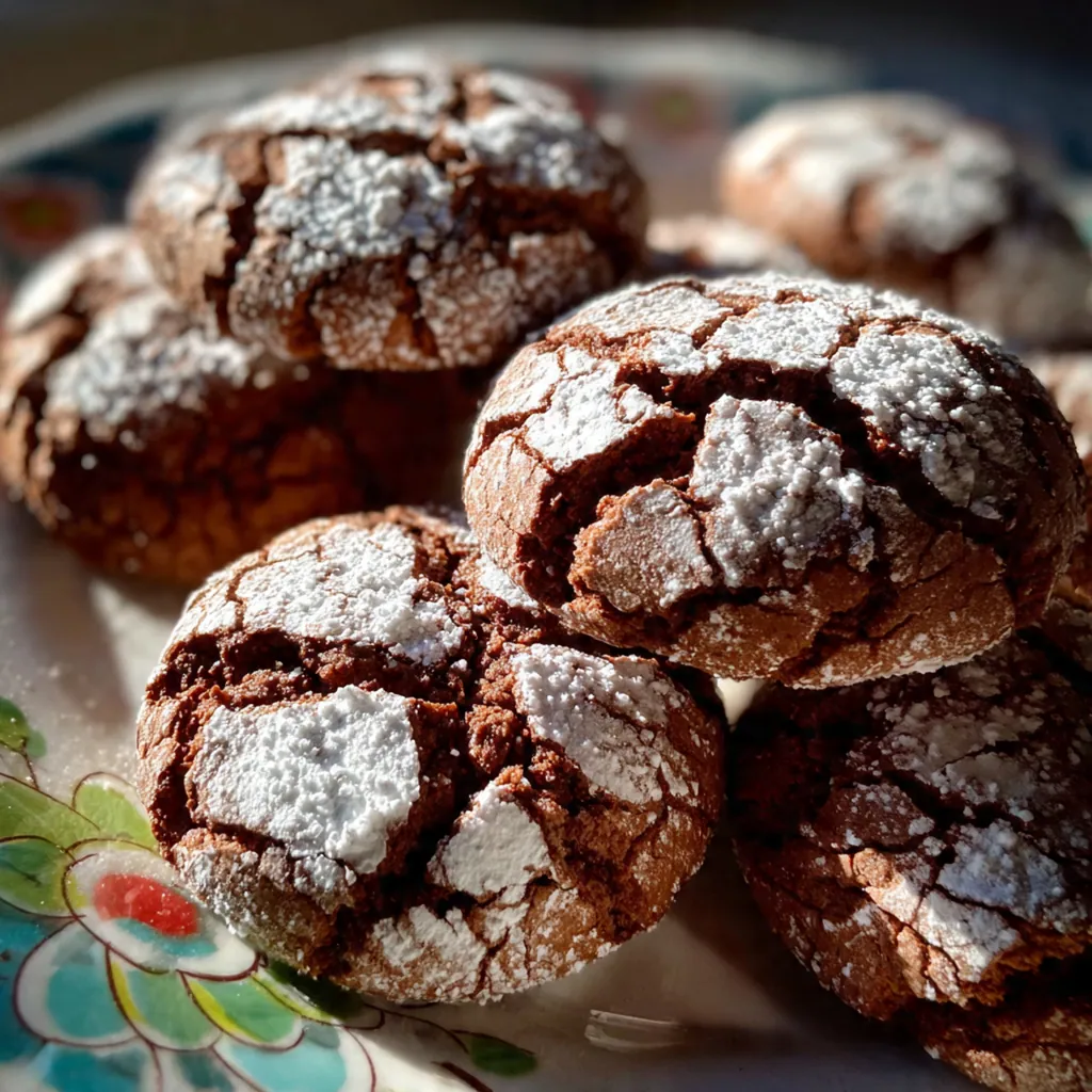 A platter of fudgy chocolate crinkle cookies with beautiful white crackled tops.