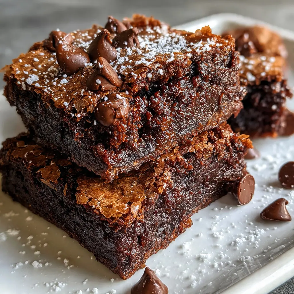 A stack of thick, fudgy brownies with glossy, crackled tops on a piece of parchment paper.