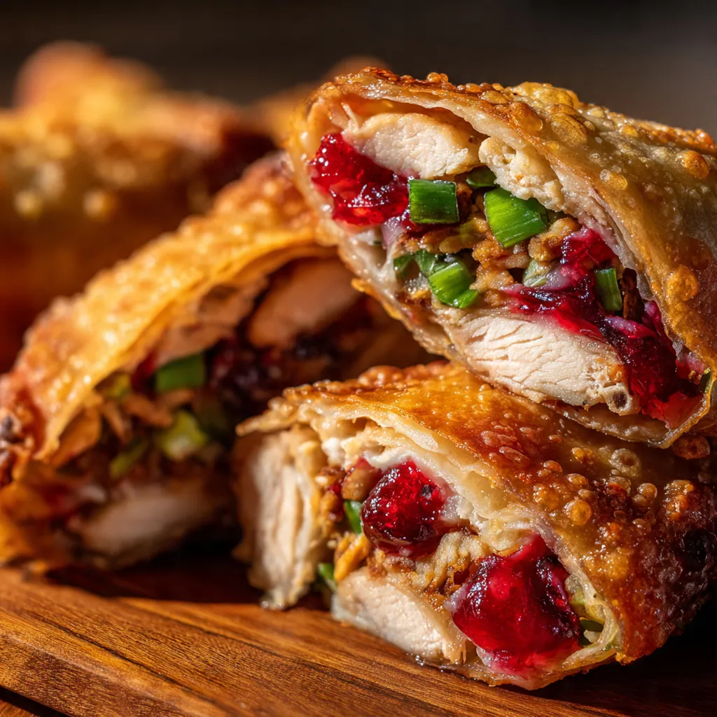 Golden brown Thanksgiving egg rolls crispy from the fryer on a wooden board