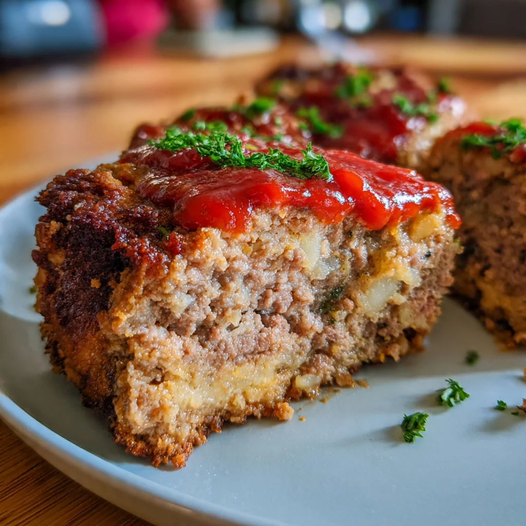 A perfectly glazed and caramelized homestyle meatloaf fresh from the oven on a baking sheet.