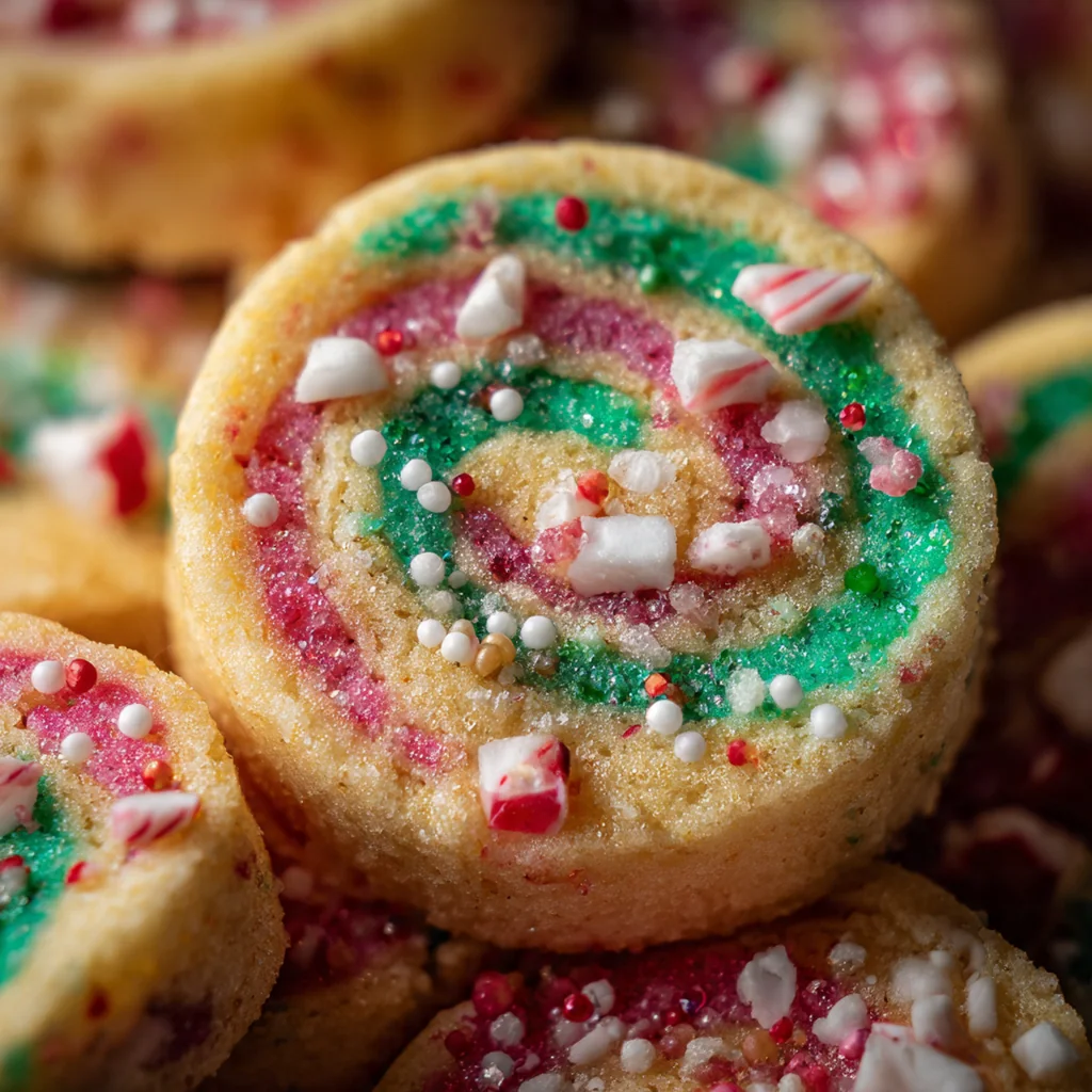 Festive Christmas pinwheel cookies with vibrant red and green swirls on a rustic wooden table