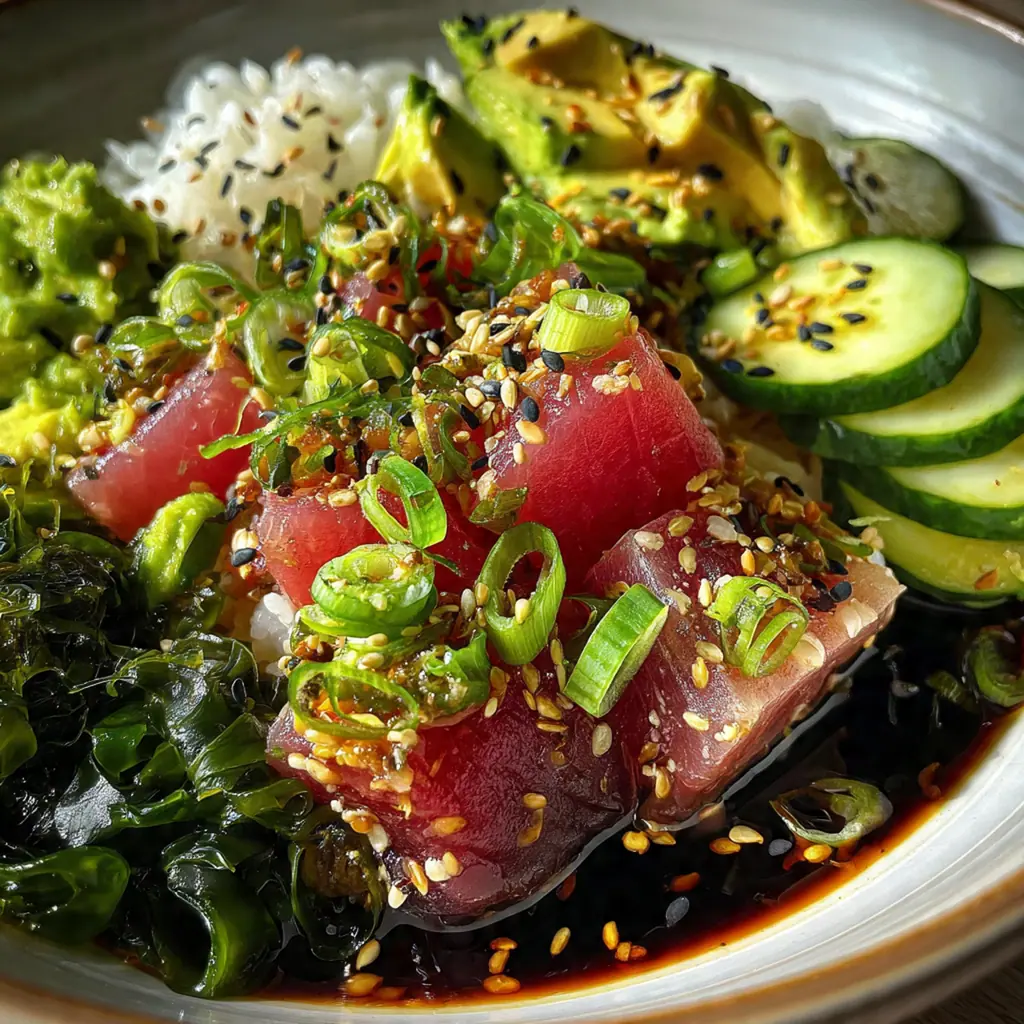 Sesame-crusted ahi tuna steak sliced to reveal a perfect pink rare center on a dark plate