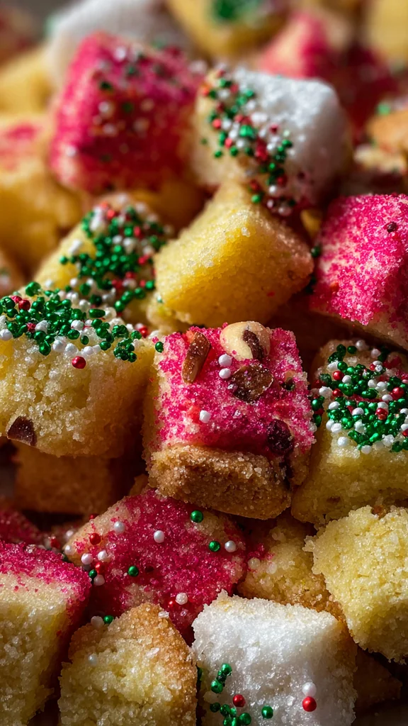 A rustic wood board piled high with festive shortbread cookies dusted with powdered sugar