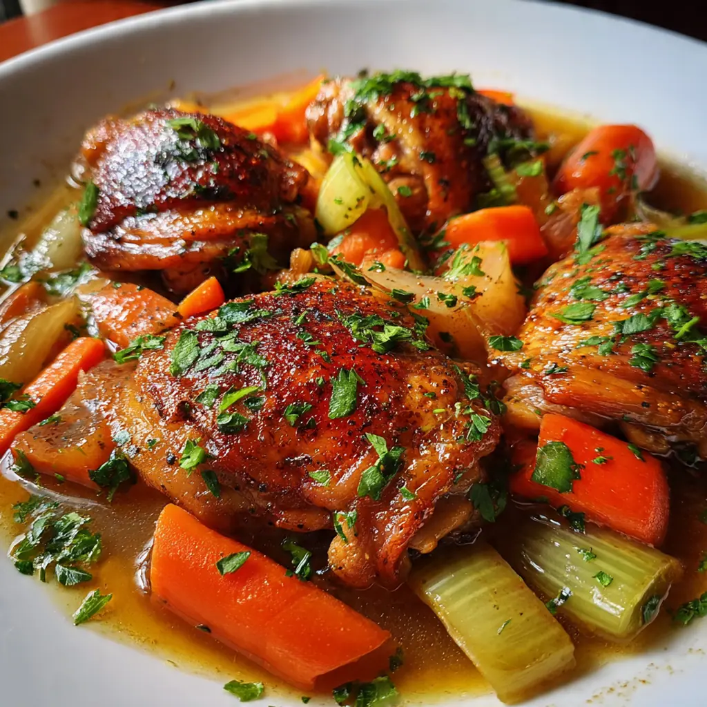 A crock pot filled with tender chicken thighs, carrots, potatoes and celery in a rich savory broth