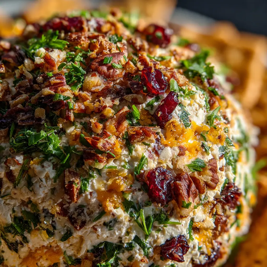 A festive Traditional Christmas Cheese Ball coated in chopped pecans and parsley on a wooden board