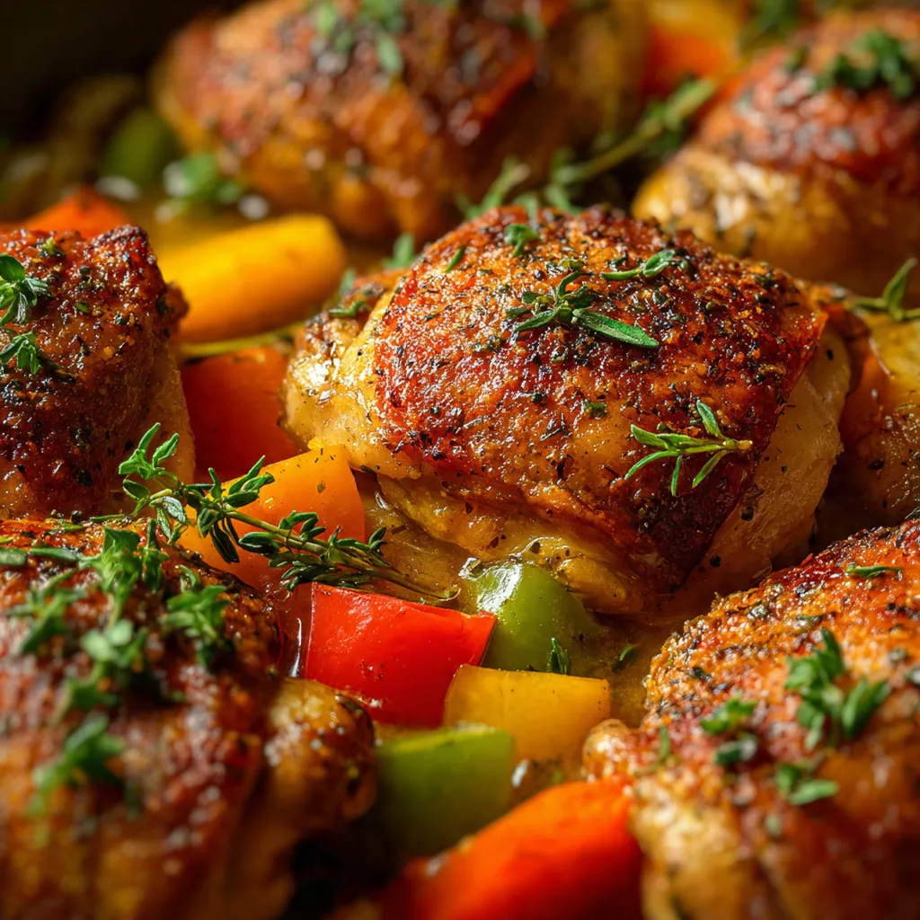 Creamy garlic herb chicken thighs and vegetables served steaming hot from a slow cooker