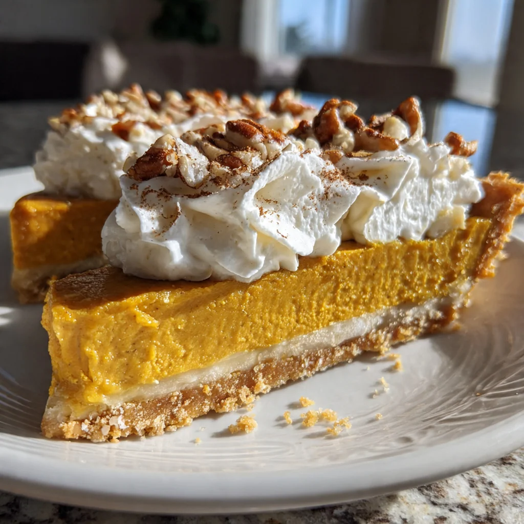 A stunning two layer pumpkin pie with a deep marbled swirl of pumpkin and cheesecake on a holiday table.